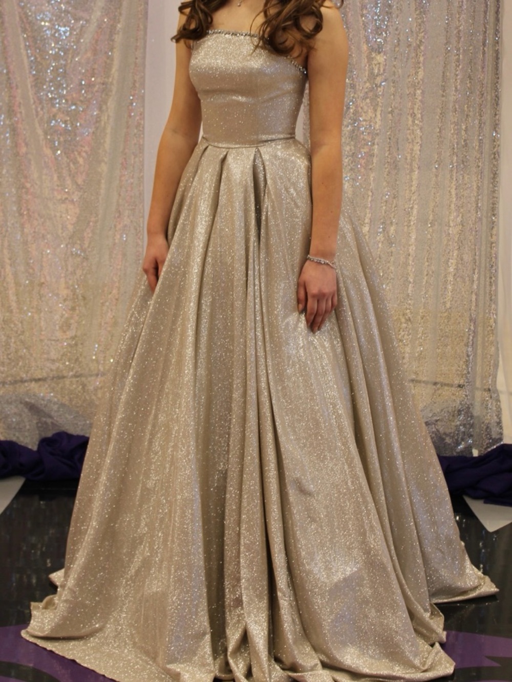 Sherri Hill Silver Champagne Strapless Gown with Rhinestone Trim